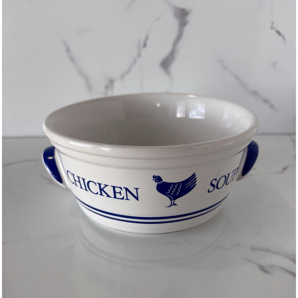 Vintage Chicken Soup Bowl Get Well FTDA 1985 Korea Ceramic Blue Handled Dish